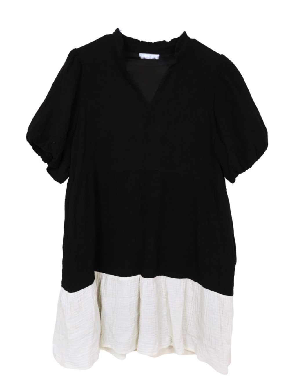 THML Black White Colorblock Cotton Dress Puff Sleeve Babydoll Medium